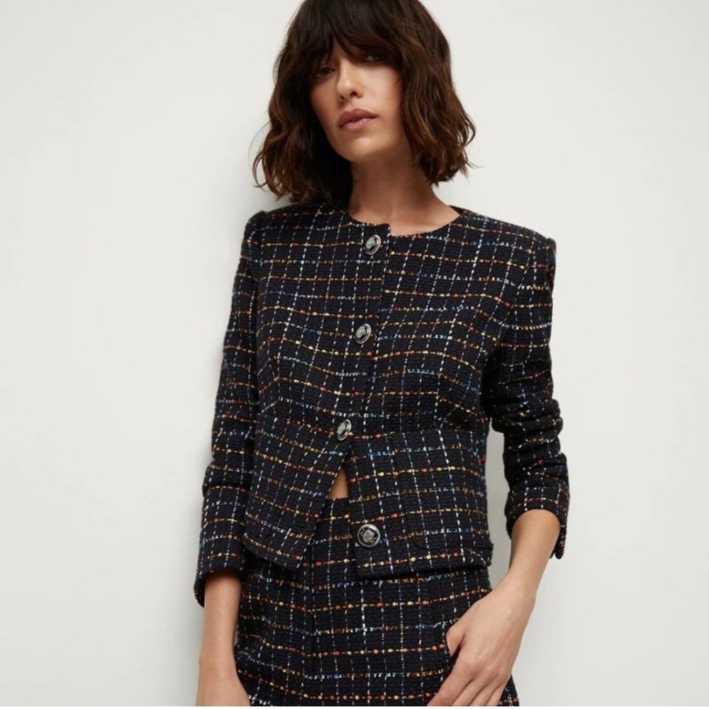 Veronica Beard Nathan Tweed‎ Blazer Multi Color Grid Plaid Crest Buttons Size 10